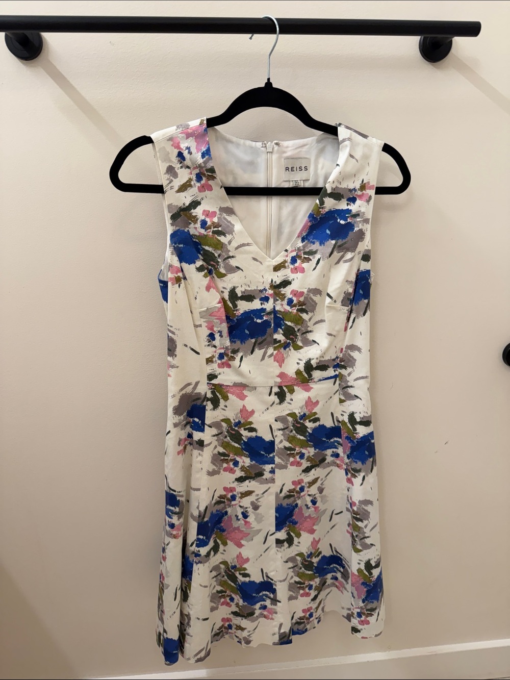 Reiss Cream Floral V-Neck Sleeveless Dress with Blue and Pink Accents